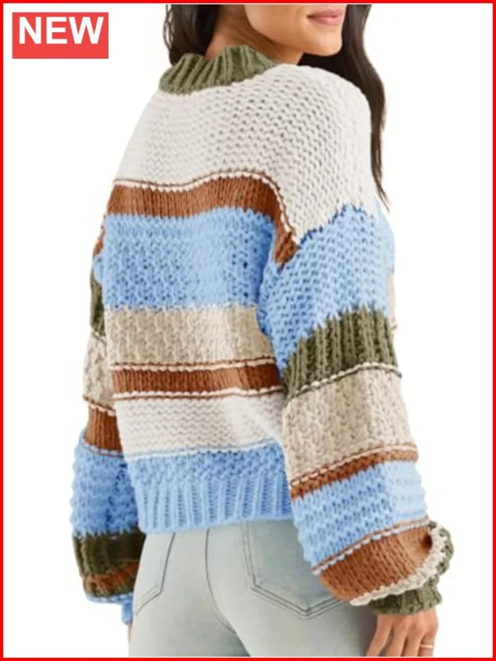 Chunky Knit Cropped Sweater Striped Loose Fit Long Sleeve Pullover